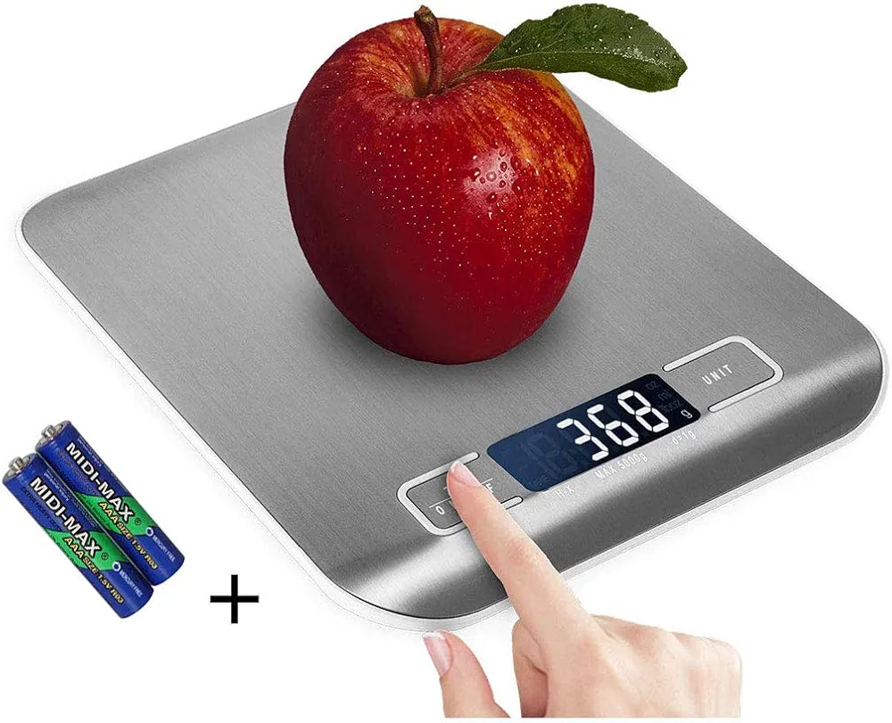 Digital Kitchen Scale,Food Scale for Meat Baking Weight,Unit Gram OZ lb Up 11 lb(1g-5KG),Silver Stainless Steel Anti-Fingerprint with Accuracy LCD Display for Cooking White(Include AAA Battery)