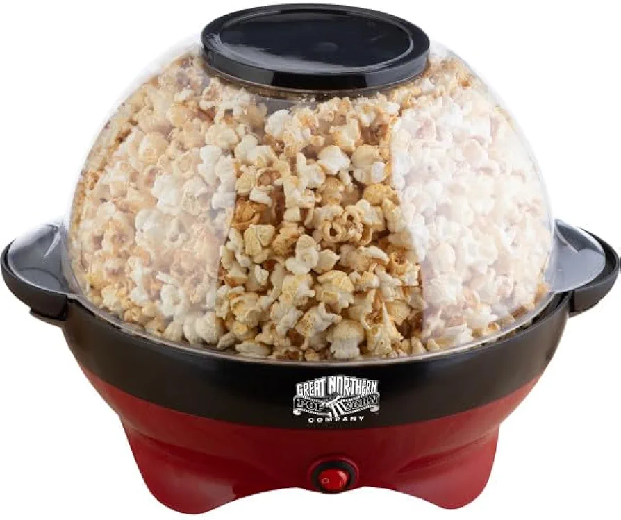 Popcorn Machine - 800W Electric Pop and Stir - 6-Quart Capacity Popcorn Maker with Built-In Stirrer and Serving Bowl by Great Northern Popcorn (Red)