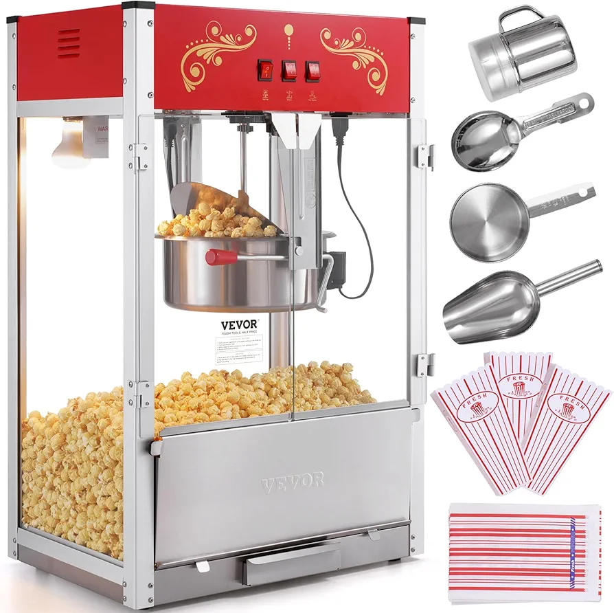 VEVOR Popcorn Maker, 1615W Popcorn Popper Machine, 16 Oz Kettle Large Capacity Countertop Popcorn Maker with Tempered Glass, Includes 3 Stainless Steel Scoops, Movie Theater Style, Red