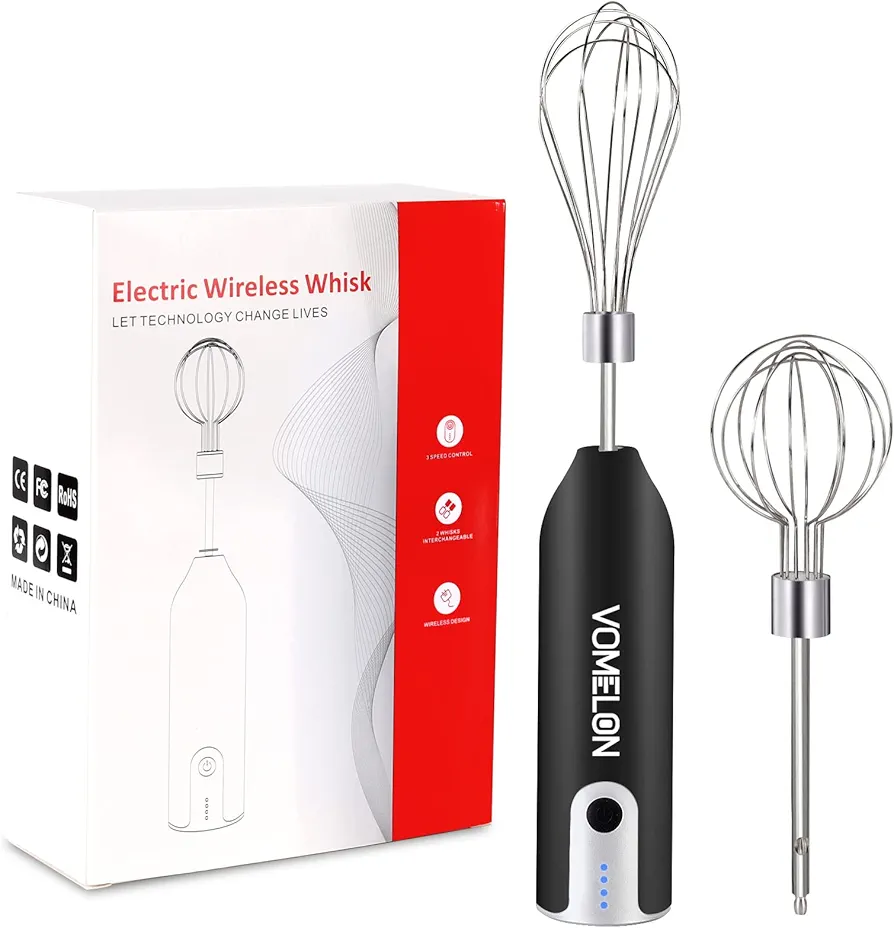 Electric Hand Mixer Whisk| Wireless Rechargeable Handheld Egg Beater with 2 Stainless Steel Mixing Heads | Portable Kitchen Aid Hand Mixer for Egg, Milkshake Cream, Cake, Baking & Cooking-Black