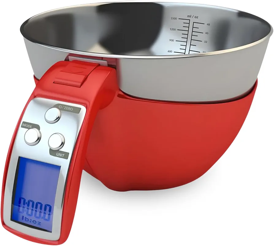 Fradel Digital Kitchen Food Scale & Mixing Bowl - Measuring Cup Scale in Grams & Ounces for Cooking, Baking, Diet, Gifting - Stainless Steel, Dishwasher-Safe Removable Bowl - 11lb Capacity - Red