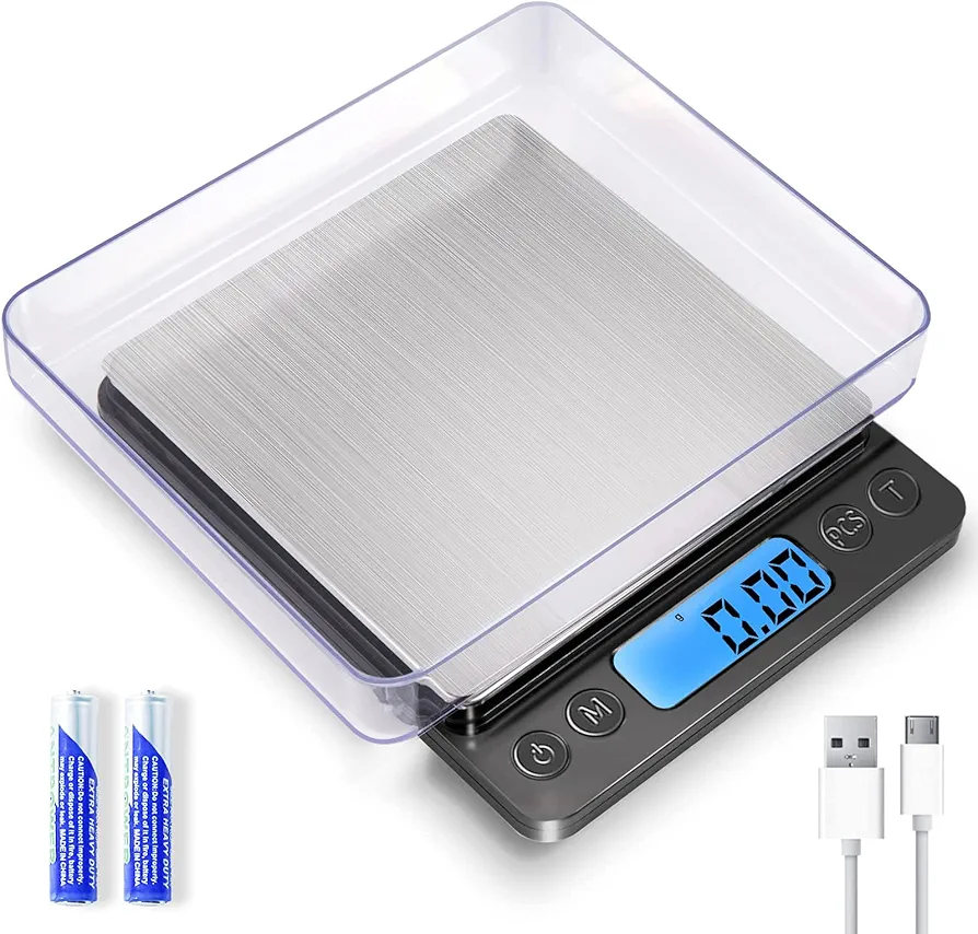 Small Digital Gram Scale 1000g by 0.01g, MEIYA High Accuracy Scale for Food Ounces and Grams, Upgrade USB Charging Kitchen Scale Digital Weight for Cooking, Baking, with Tare Function, 9 Units, 2 Tray