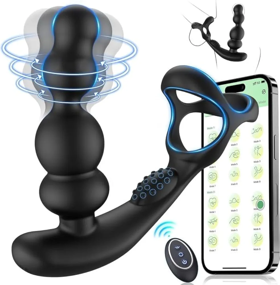 Vibrating Cock Ring Prostate Massager Adult Sex Toys for Men, Anal Beads App Remote Control Anal Vibrator with 3 Rotation & 9 Vibration, 4 in 1Vibrating Butt Plug Anal Plug Male Sex Toys for Couples