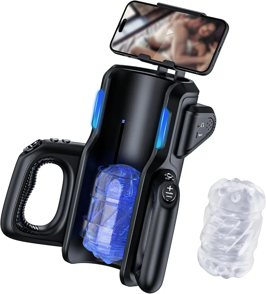 Sex Toy Automatic Male Masturbator - Men Electric Adult Sex Machine with 12times/s Thrusting, Hand Free Penis Training Stroker with Phone Holder and 2 Soft Silicone Pocket Pussy