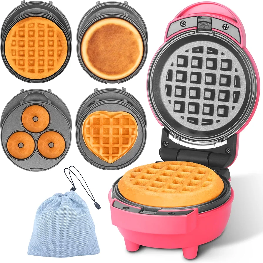 Baker's Friend 4 in 1 Mini Waffle Maker with Removable Plates, A Set of Mini Pancake Maker, Mini Donut Maker, Mini Heart Shape Waffle Maker and Small Waffle Maker, Compact Size, Recipe Included, Red