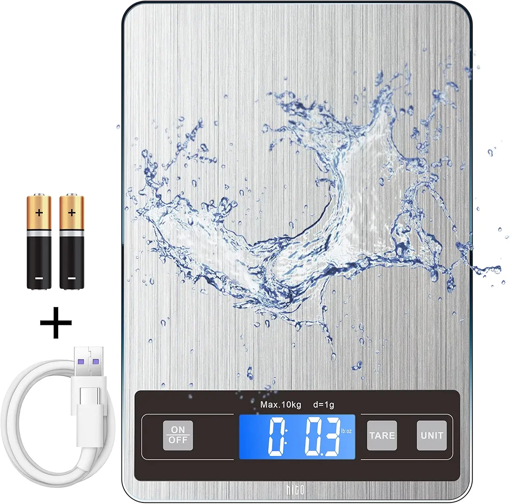 hito Food Scale 22lb Digital Kitchen Scale Rechargeable Waterproof Weight Grams and oz 1g/0.1oz Precise, for Weight Loss, Cooking and Baking, Ash Silver