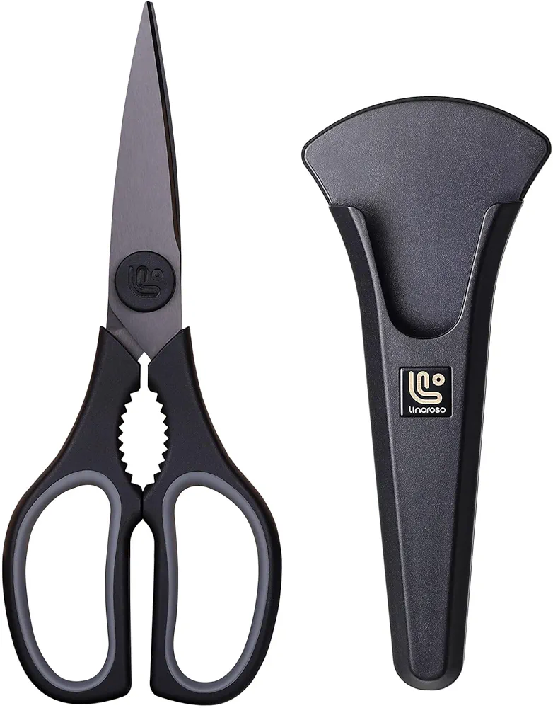 Linoroso Kitchen Scissors All Purpose Kitchen Shears with Magnetic Holder, Soft Grip Handle Cooking Scissors Dishwasher Safe with Come Apart Blade Heavy Duty Scissors for Meat, Vegetable, Herb, Black