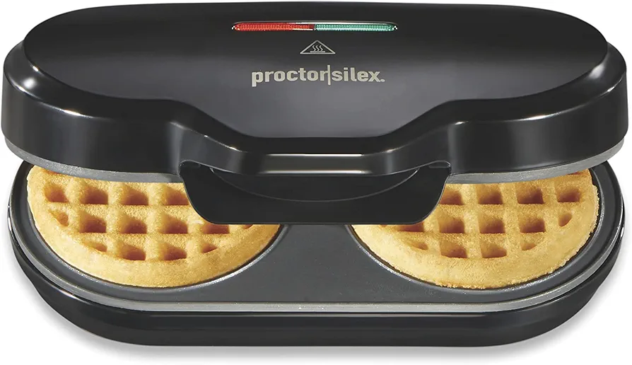 Proctor Silex Double Mini Waffle Maker Machine with 4” Round Non-stick Grids, Makes 2 Personalized Individual Breakfast Keto Chaffles and Hashbrowns, Compact, Black (26102)