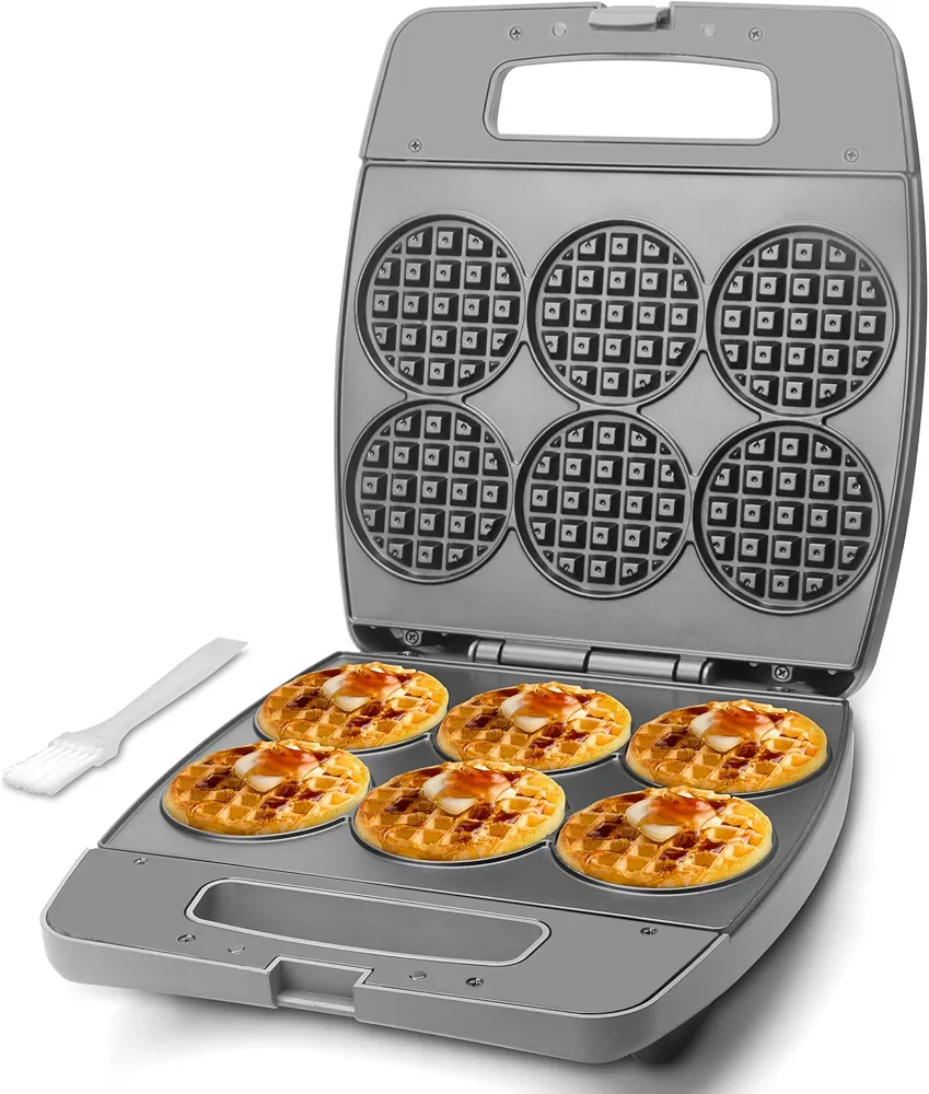 Baker's Friend Multi Mini Waffle Maker Machine, Bake 6 x 3 Inch Small Waffles, Perfect for Families and Individuals Use, Excellent Choice for Breakfast Brunch Parties & Events, Graphite