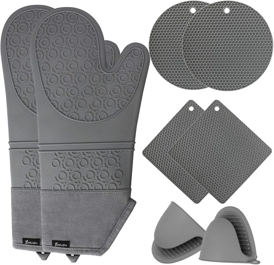 Oven Mitts and Hot Pads Sets, 8Pcs Extra Long Silicone Oven Gloves with Non-Slip Heat Resistant Hot Trivet Mats and Cooking Pinch Mitts Pot Holders Set for Baking Cooking, Grey