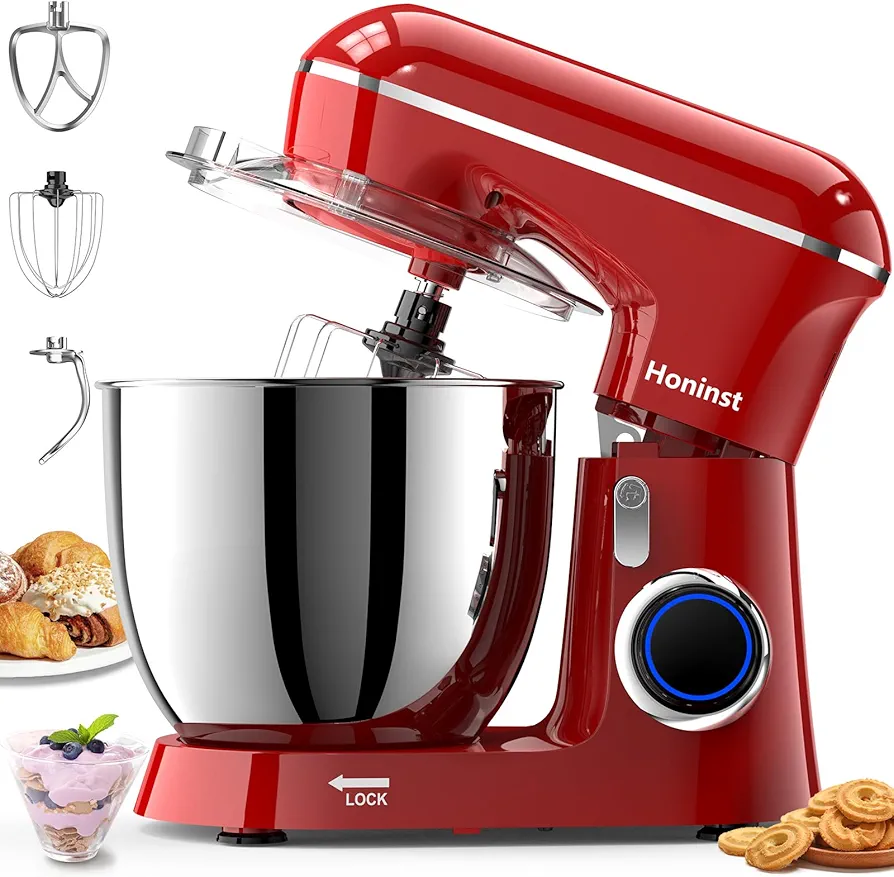 Stand Mixer, 6.5QT 10-Speed Tilt-Head Electric Stand Mixer, 3-In-1 Kitchen Mixer with Bowl, Dough Hook, Whisk and Beater, Food Mixer for Baking, Cake and Most Home Cooks, Red