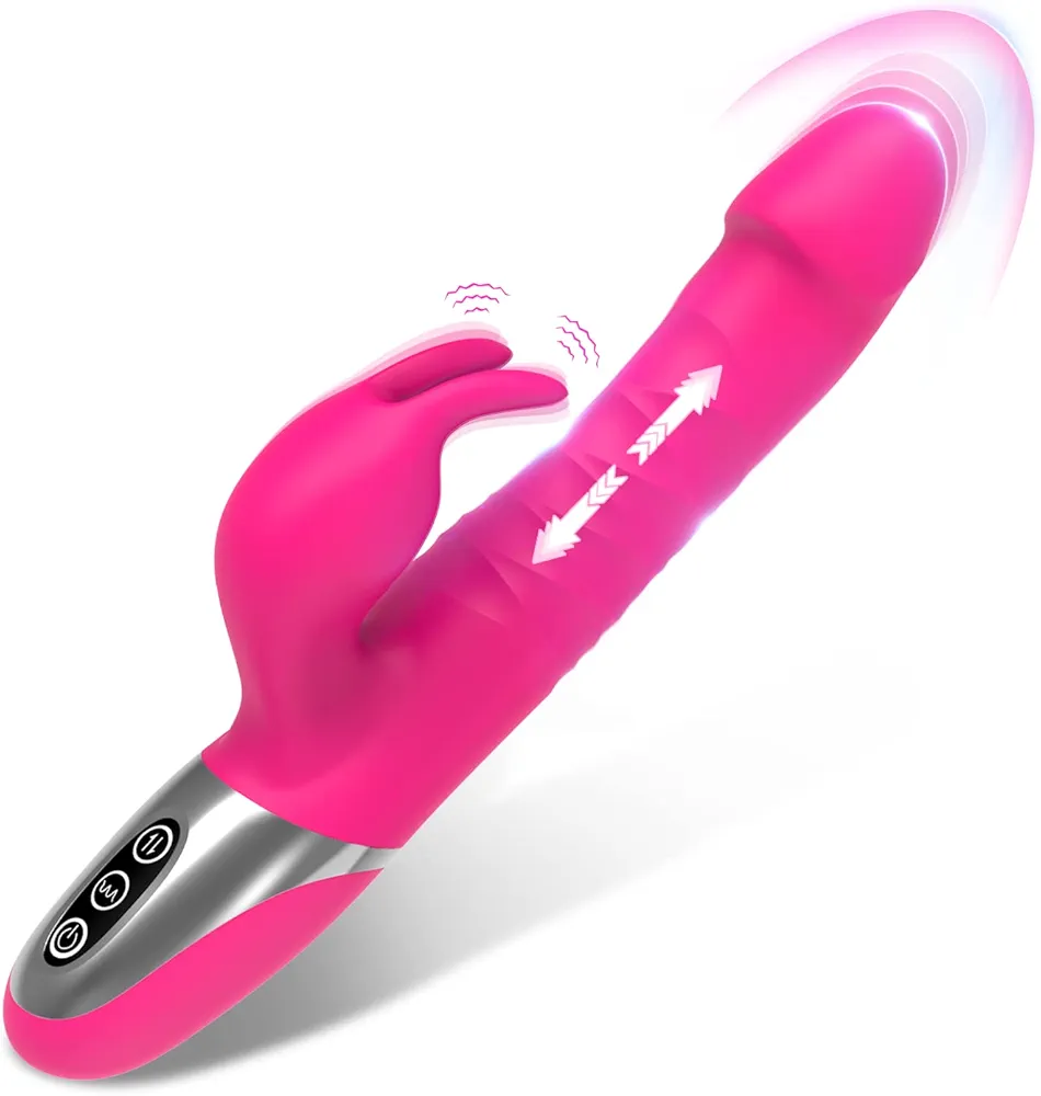 Thrusting G Spot Rabbit Vibrator Dildo for Women, 3 in 1 Sex Toy with Realistic Glans for Clitoral Anal Stimulation, 7 Thrust Actions 7 Vibrations Silicone Adult Toy for Female Solo or Male Sex Games