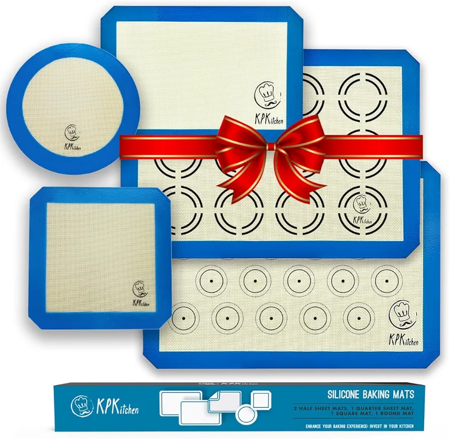 Silicone Baking Mat Set of 5-2 Half Sheets (Macaron & Cookie Circle On Mat) + 1 Quarter + 1 Round & 1 Square Size Silicone Baking Sheet - Nonstick & Easy to Clean - 100% Silicone Mats for Baking