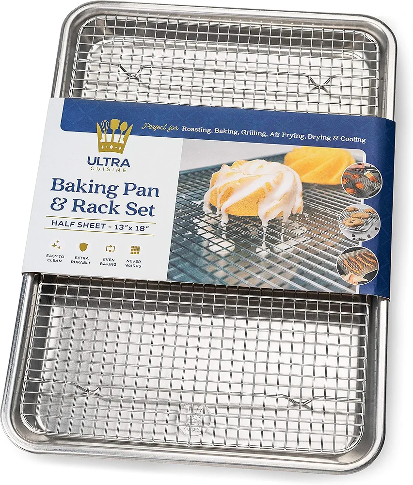 Ultra Cuisine Aluminum Baking Sheet with Stainless Steel Cooling Rack Set – Half Sheet Size Pan 13 x 18 inch, Durable Rimmed Sides, Easy Clean, Commercial Quality for Cooking and Roasting