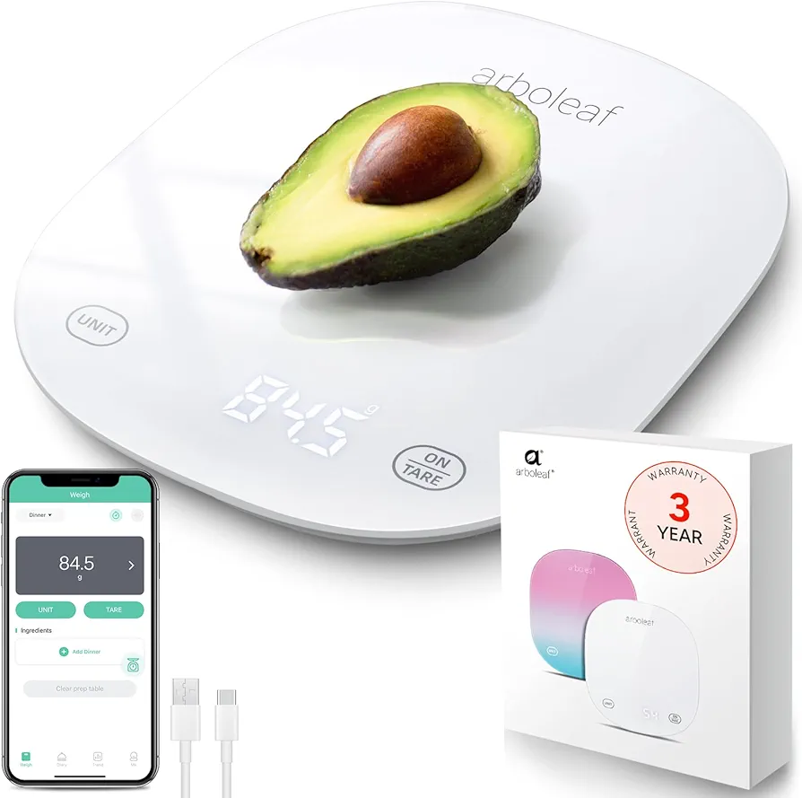 Arboleaf Food Scale with Nutritional Calculator, Smart Food Kitchen Scale, Digital Food Scales for Kitchen for Weight Loss, Calorie, Macro, and Cooking, Rechargeable, 0.1oz/0.5g, 22lb/10kg