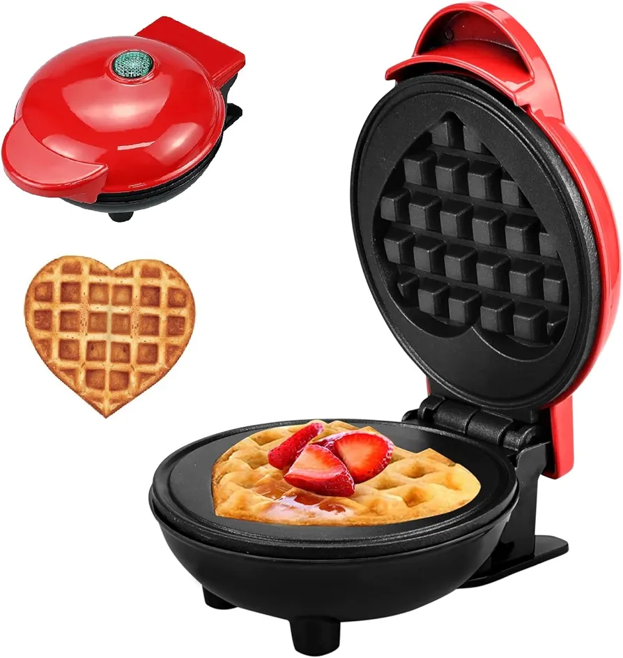 Mini Waffle Maker,Heart Shape Design Chaffle Maker,4 Inch Non-Stick Griddle for Waffles,Portable Pancake Maker Machine for Kid, Easy to Clean,Perfect for Make Chicken Patty,Sandwich