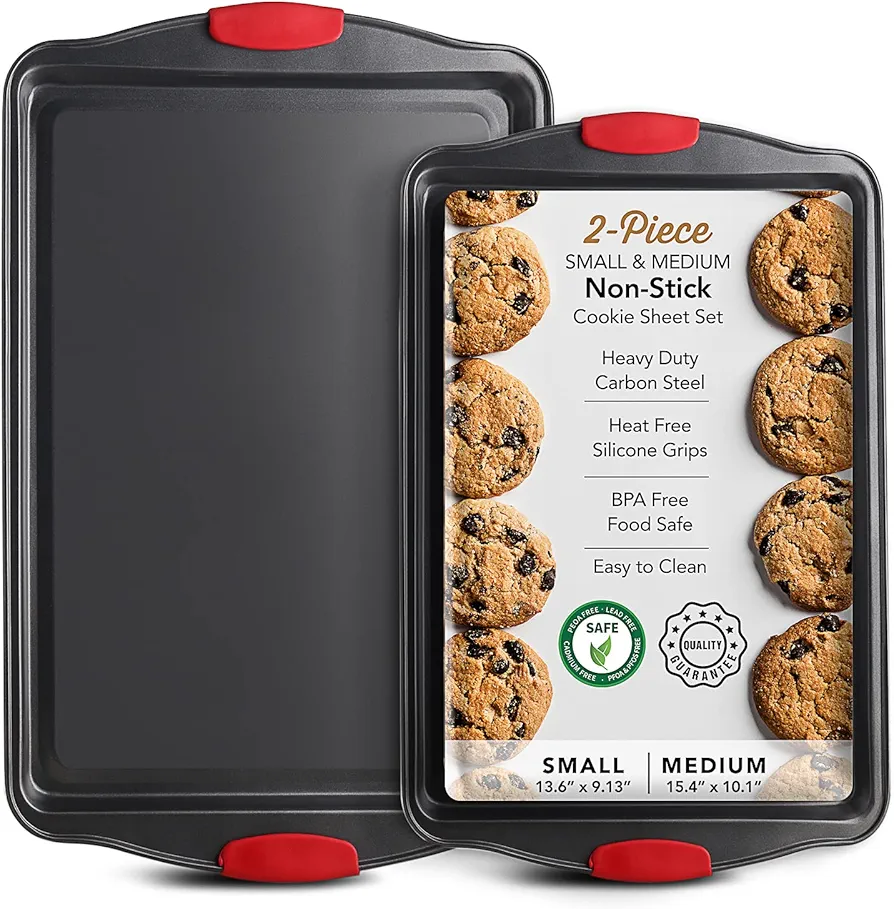 Baking Sheet Set, 2-Piece Cookie Sheet Set with Silicone Handles, Steel Baking Pan, Durable Baking Sheets for Oven, BPA Free Cookie Sheets for Baking Nonstick Set, Premium Sheet Pan, Black Baking Tray