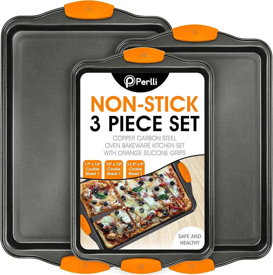 Perlli Cookie Sheets for Baking Non Stick Oven Pan Tray Baking Sheet 3-Piece Set (Small, Medium & Large) Carbon Steel BPA Free Cooking and Baking Trays for Cakes and Cookies with Orange Silicone Grips