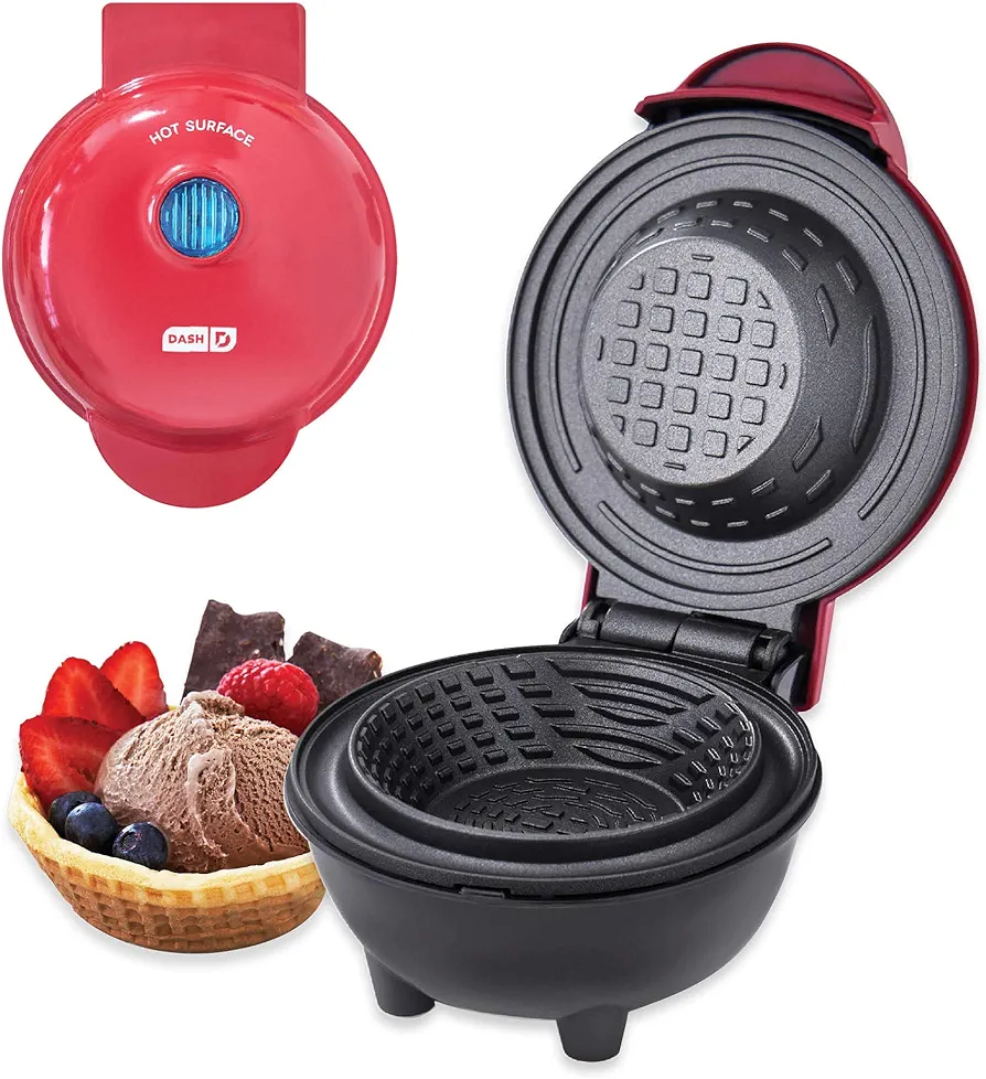 Dash Mini Waffle Bowl Maker for Breakfast, Burrito Bowls, Ice Cream and Other Sweet Desserts, Recipe Guide Included - Red