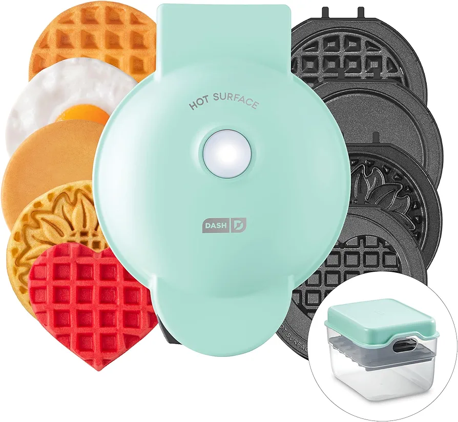 DASH Multimaker Mini System - Waffle Maker with Six 4” Removable Plates & Storage Case: Waffle Iron & Griddle, 4-in-1 Mini Waffle Maker for Kids and Families – Nonstick Surface, Just Add Batter (Aqua)