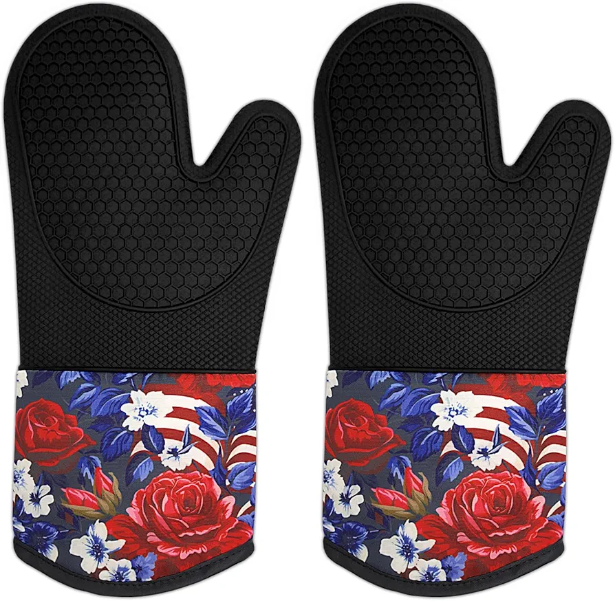 Heat and Slip Resistant Silicone Oven Mitts Set, Extra Long Thick Gloves for Cooking, BBQ, Soft Cotton Lining, Waterproof, BPA-Free, Kitchen Mitt, 13.6 in, Black