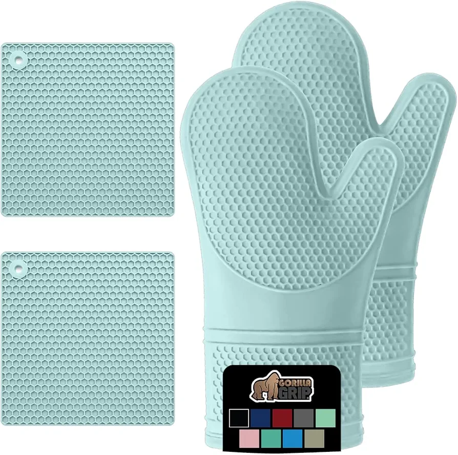 Gorilla Grip BPA-Free Soft Silicone Oven Mitts and Potholder Set of 4, Heat Resistant Hot Pads, Thick Cotton Lined Cooking Mitt, Long Gloves Protect Hands, Kitchen Waterproof Trivet Mats, 12.5" Mint