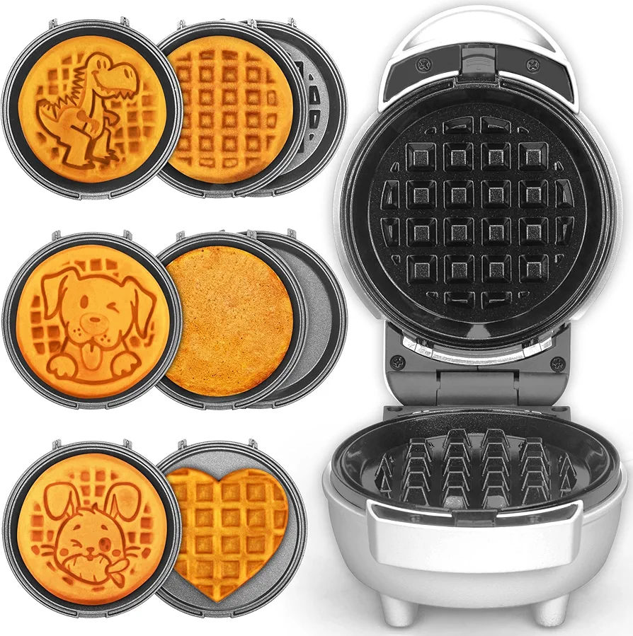 6-in-1 Mini Waffle Maker With Removable Plates, 4.5'' Mini Waffle Iron for Holidays, Parties & Events Waffle Maker Machine, 8 Plates with Premium Ceramic Coating, White