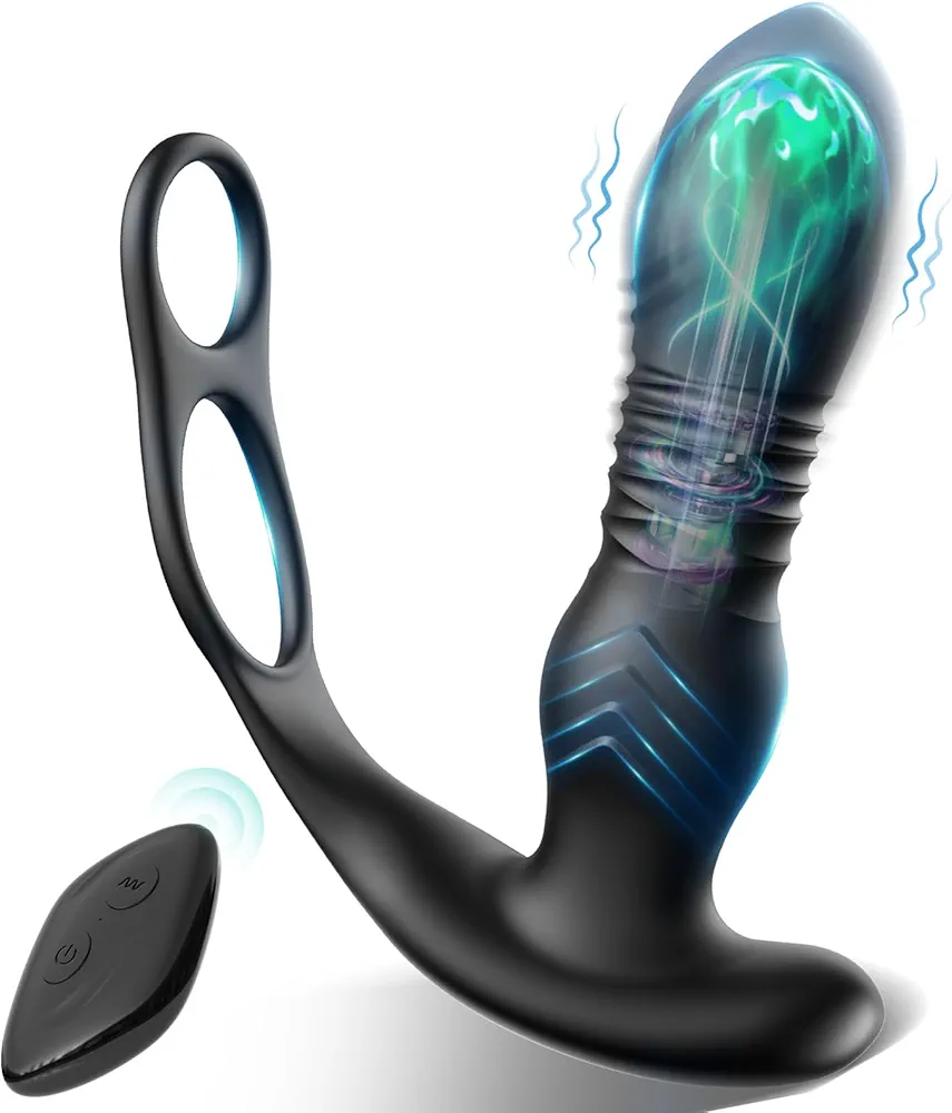 Sex Toys for Men, Thrusting Anal Vibrator Male Sex Toys Prostate Massager with 9 Thrusting & Vibrating Modes, Anal Plug Adult Sex Toys Anal Dildo Vibrating Butt Plug with Dual Cock Ring (Black)