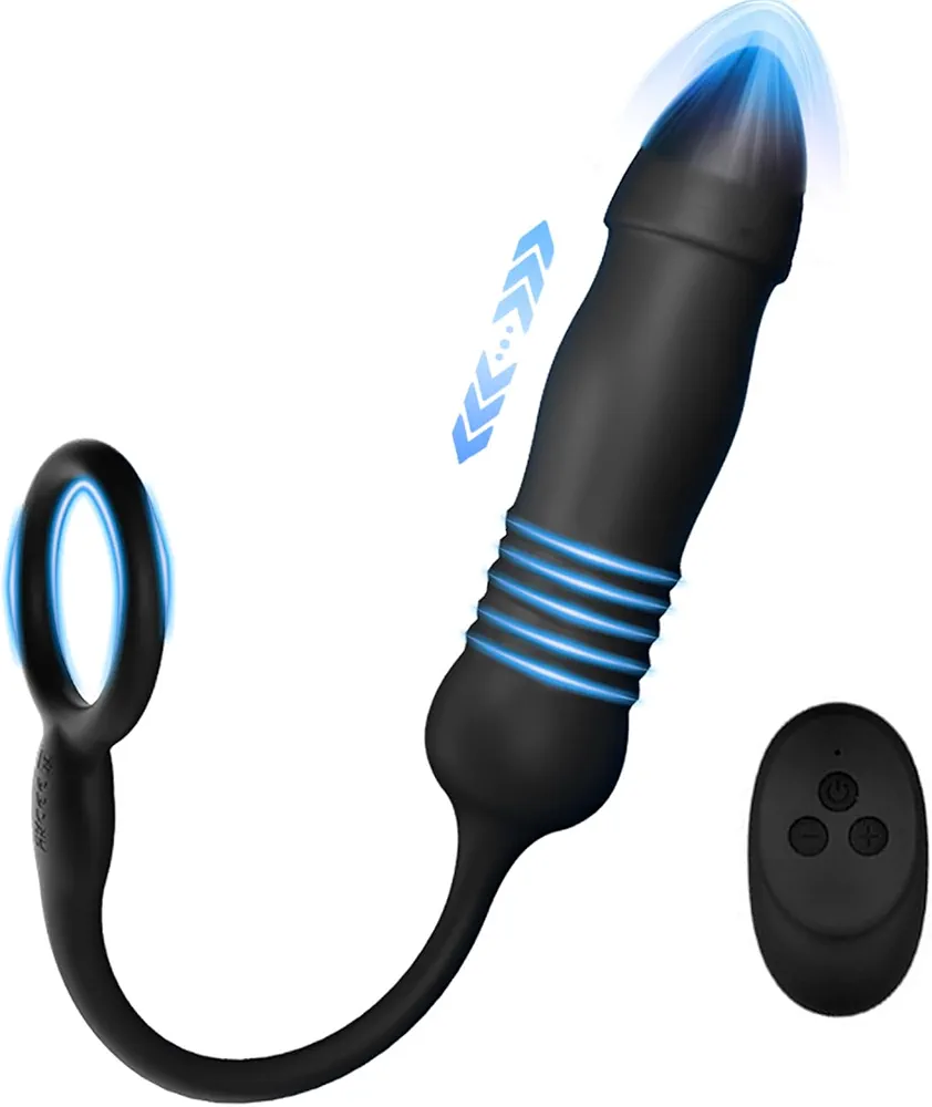 Thrusting Anal Vibrator Prostate Massager with Thick Penis Ring and 3 Thrust Vibration Modes Remote Control Vibrating Anal Butt Plug Dildo for Men Women Couples Adult Sex Toy