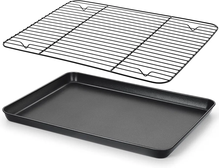 E-far Nonstick Baking Sheet with Rack Set, 16 x 12 x 1 Inch Cookie Sheet Baking Pan with Cooling Rack for Oven, Commercial Grade & Non-Toxic, Easy to Clean