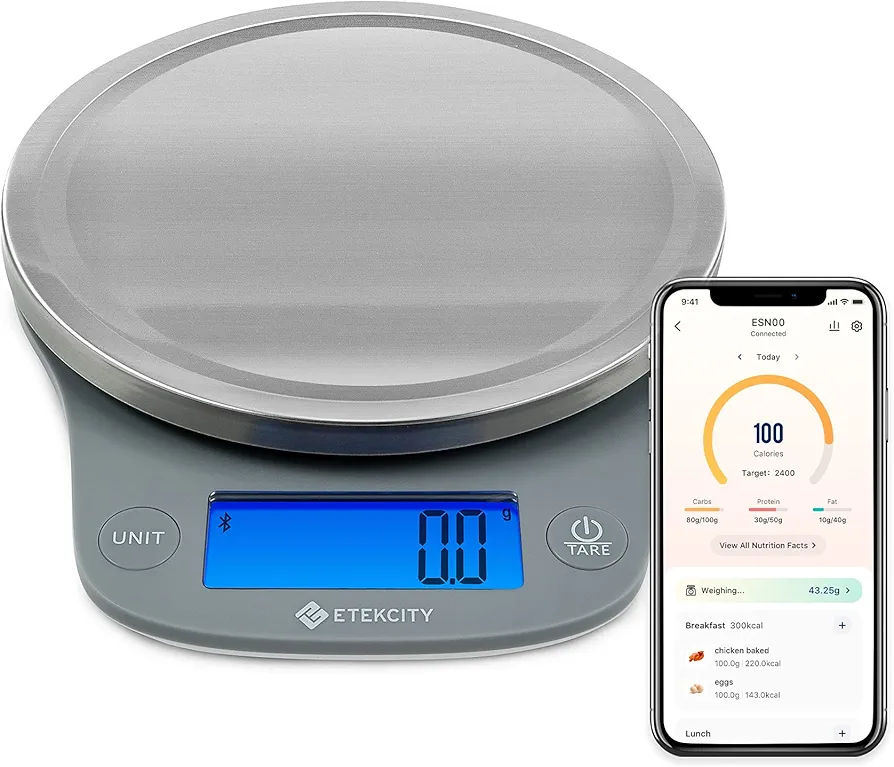 Etekcity Nutrition Smart Food Kitchen Scale, Digital Ounces and Grams for Cooking, Baking, Meal Prep, Dieting, and Weight Loss, 11 Pounds-Bluetooth, 304 Stainless Steel