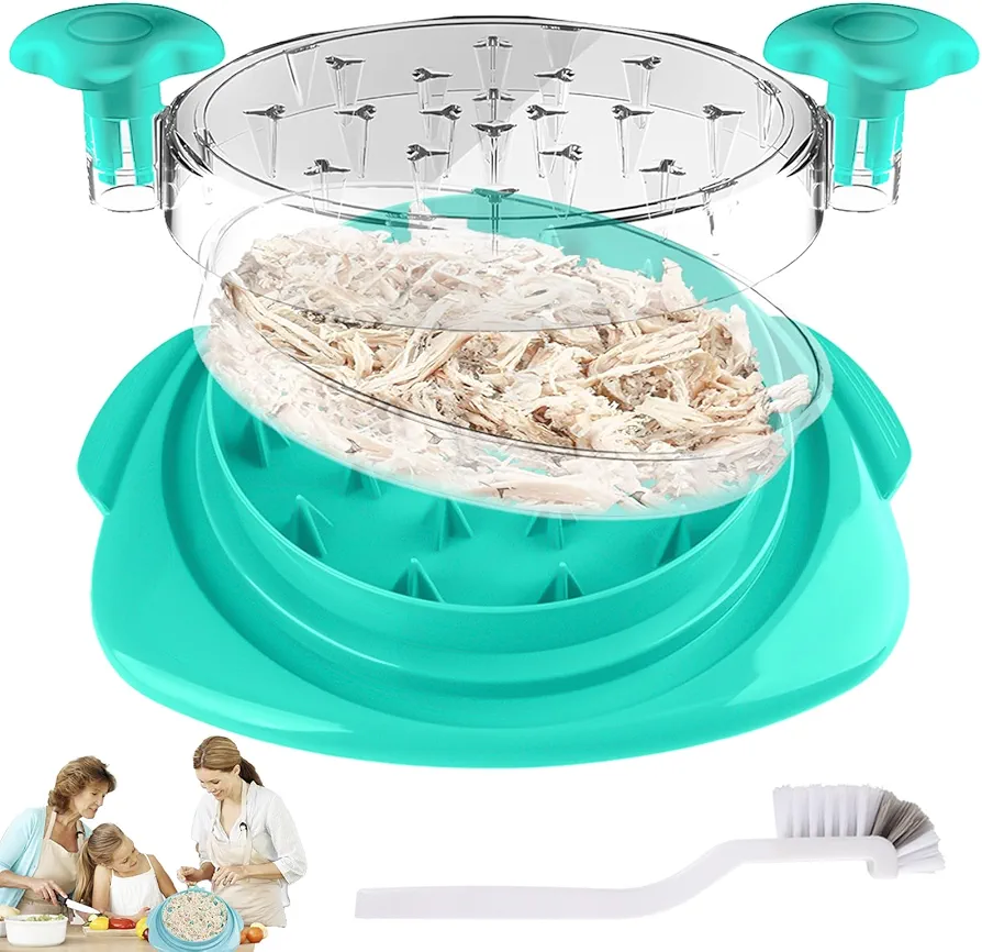 Chicken Shredder with Separate Plate, Large Meat Shredder Tool Twist with Transparent Lid&Brush, Visible Manual Chicken Breast Shredder, Funny Chicken Shaped Non-Slip Base, Dishwasher Safe