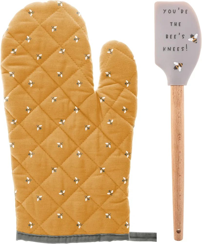 Karma, Reese Oven Mitt with Spatula, Oven Mitt and Spatula Set, Soft Insulated Quilting Oven Mitt and Silicone Spatula, Bee