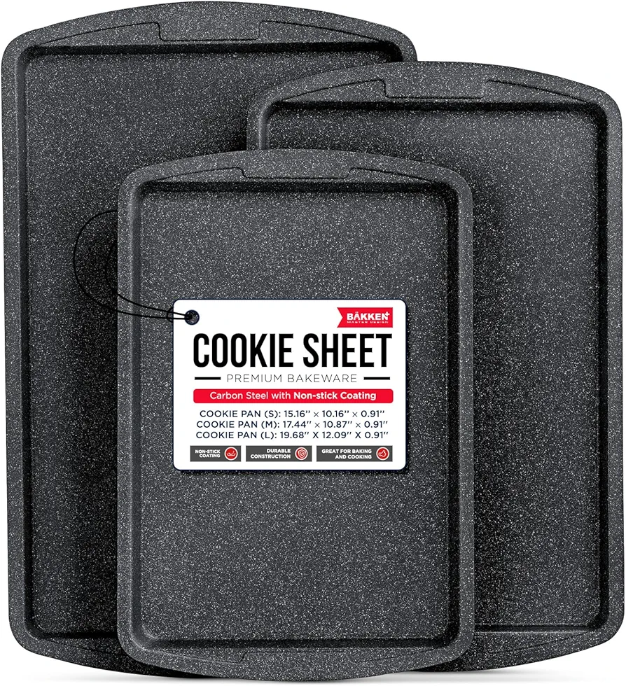 Bakken Swiss Cookie Sheet 3 Piece Set - Non-Stick, Stackable Baking Pans, Gray marble Deluxe Ceramic Coating – Dishwasher Safe - for Home Baking