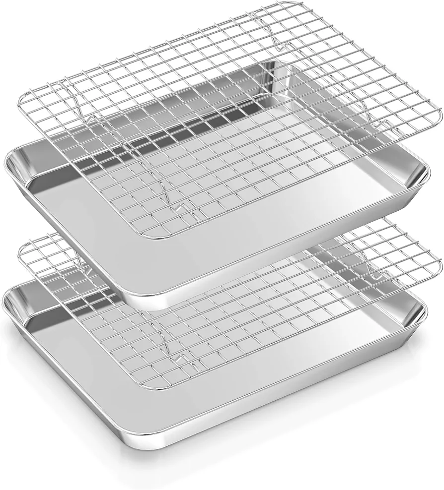 Baking Sheet & Cooling Rack Set [2 Cookie Sheets + 2 baking Racks], Fire More Stainless Steel Quarter Sheet Pan with Rack, Nonstick Baking Pan Tray, Heavy Duty & Easy Clean, Size 12.4 x 9.6 x 1 Inch