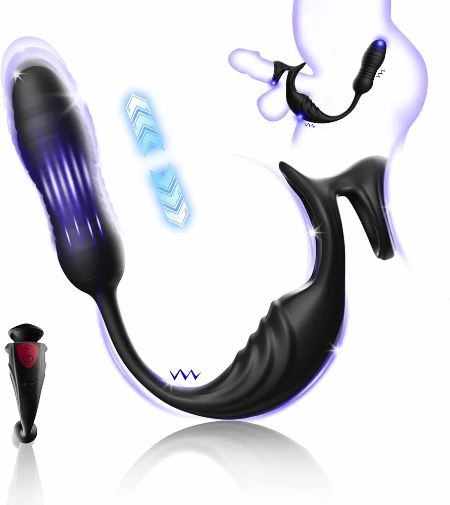 Vibrating Cock Ring with Anal Vibrator - Male Sex Toy Vestibular Plug, 4 in 1 Prostate Massager, 9 Vibration Modes 9 Retractable Modes, Couple Sex Toy for Men with Vibrating Cock Ring Tail Spike