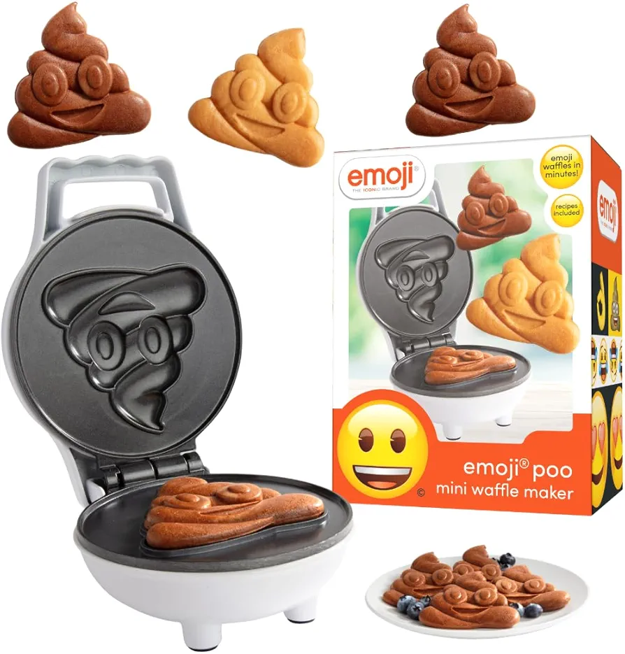 Emoji Poop Mini Waffle Maker- Breakfast Fun for Kids w Cute Smiley Face Design, 4" Waffler Iron Makes Poo Shaped Pan Cakes or Waffles, Electric Non Stick Breakfast Appliance, Funny Holiday Xmas Gift