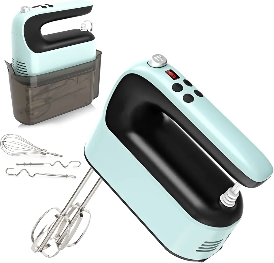 9-Speed Digital Hand Mixer Electric, 400W Powerful DC Motor, Baking Mixer Handheld with Snap-On Storage Case, Touch Button, Turbo Boost, Dough Hooks, Whisk (Ice Blue)