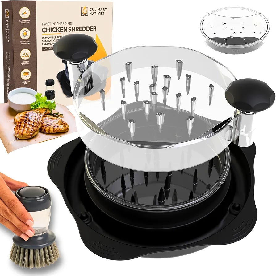 Twist 'N' Shred Pro - Chicken Shredder Tool | 10.8" Meat Shredder, Anti-Slip Grips, Removable Tray | Heat Resistant | Dishwasher Safe | Soap Brush | Suction Cups | No.1 Chicken Breast Shredder (Black)