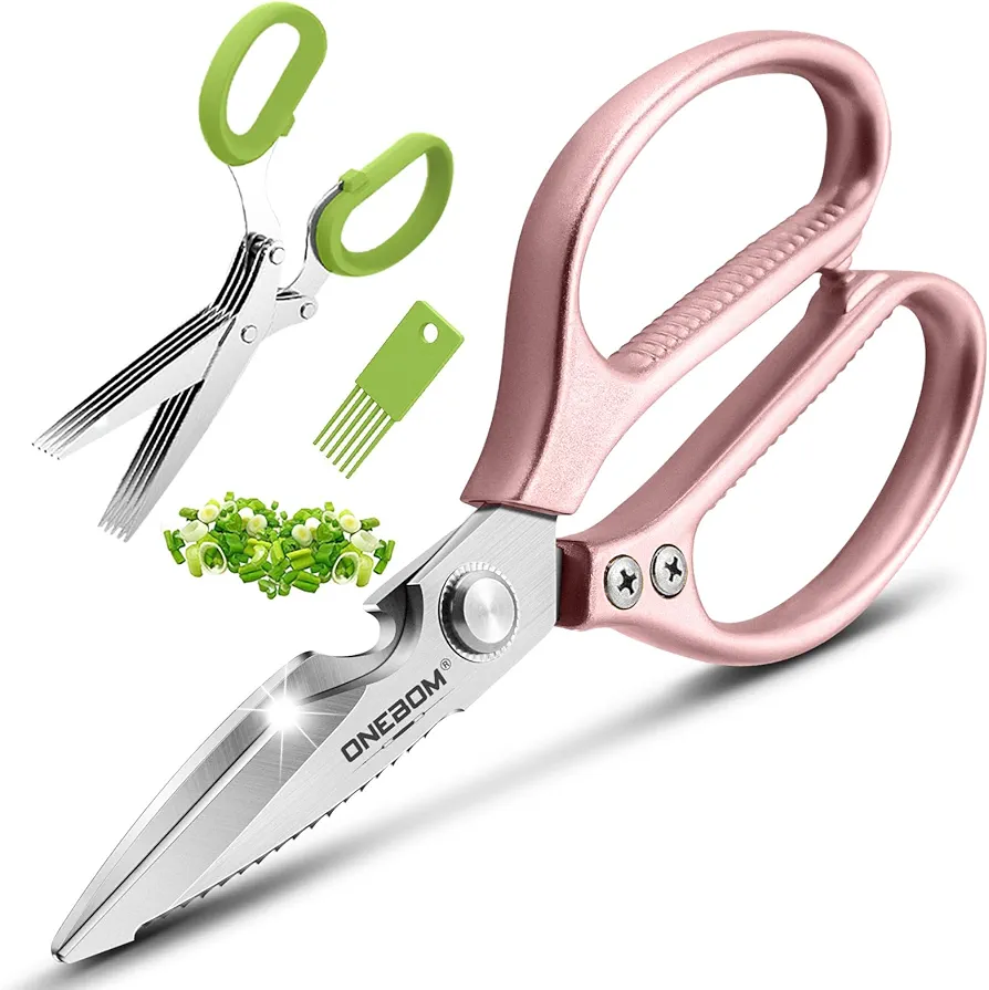 2 Pack ONEBOM Kitchen Shears,Kitchen Scissors Heavy Duty Serrated Blade for Cutting Meat, Food, Fish, Poultry Sharp Scissors, Apartment Kitchen Accessories,Gift Herb Scissor(Rose Glod)