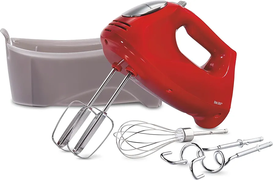 Hamilton Beach 6-Speed Electric Hand Mixer with Whisk, Traditional Beaters, Dough Hooks, Snap-On Storage Case, 275 Watts, Red