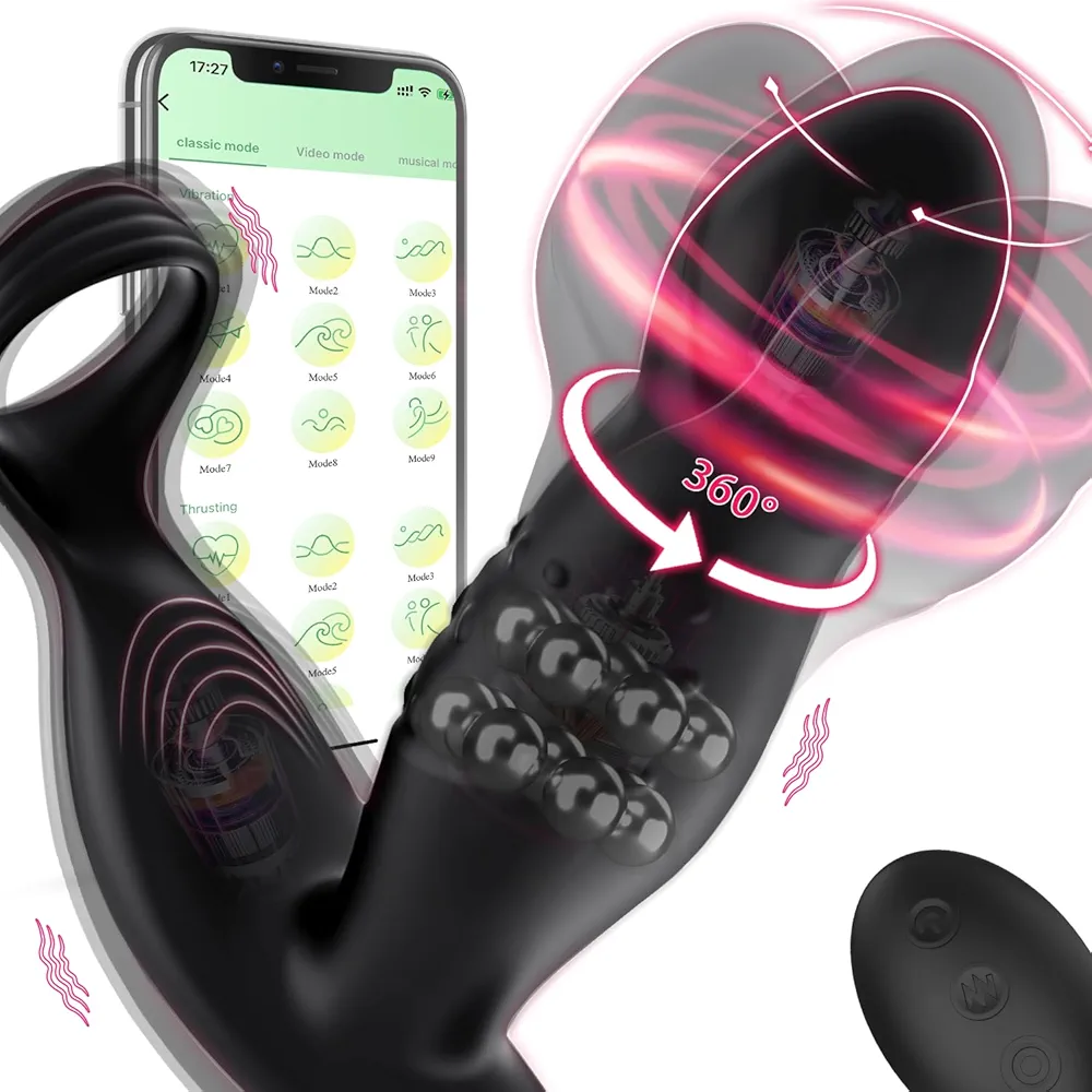 6.65" Big Anal Plug Vibrating Cock Ring Prostate Massager, 360° Rotating Anal Butt Plug Penis Ring Vibrator Couples Adult Sex Toys for Men, Anal Butt Plug Vibrator for Male Sex Toy Couple