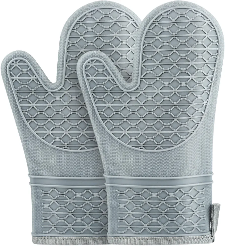 Silicone Oven Mitts, Heat Resistant 2PCS Oven Mitts with Soft Cotton Lining, Waterproof Non-Slip Grip Oven Glove, Kitchen Potholder Mits for BBQ, Baking, Cooking, 12.5 Inch - Grey