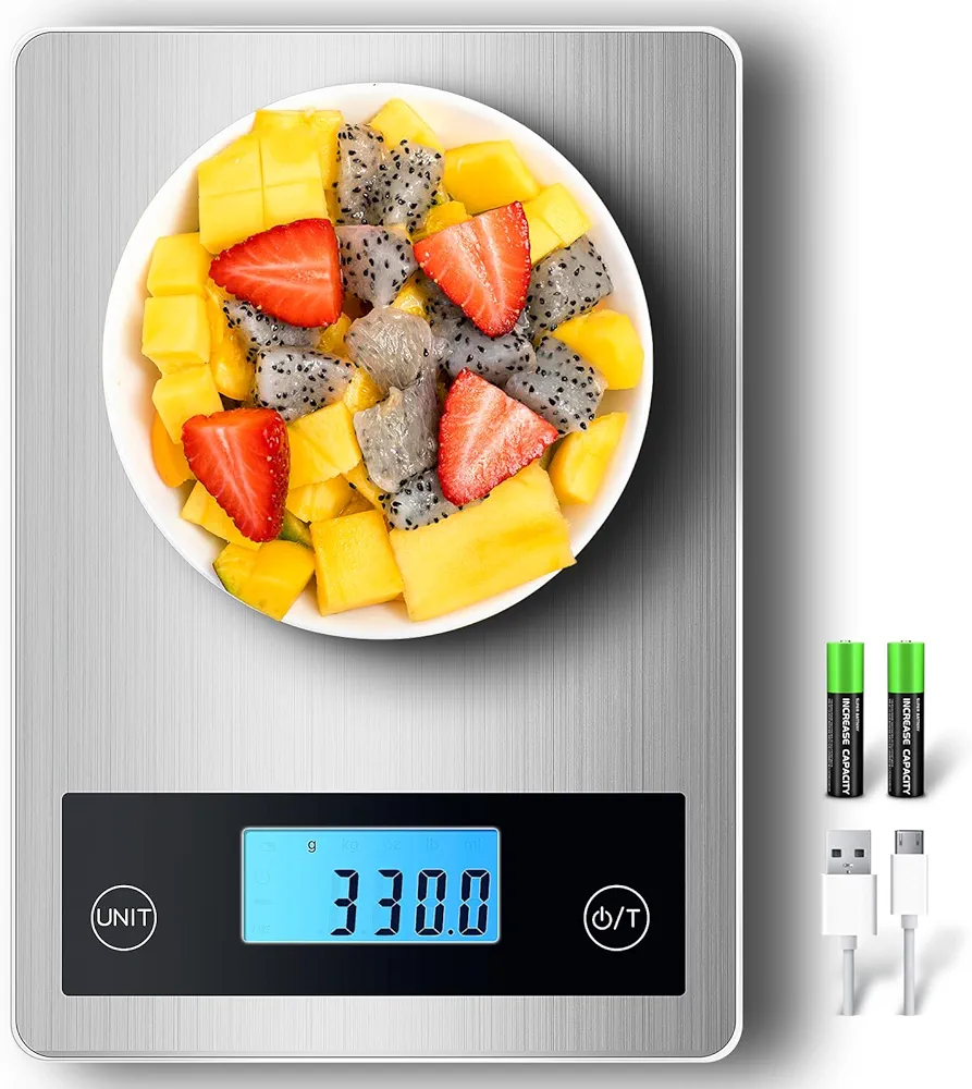 Food Scale, 22lb/10Kg Digital Kitchen Scale for Food Ounces and Grams Cooking Baking, 1g/0.1oz Precise Graduation, Waterproof Tempered Glass, USB Rechargeable, 5 Weight Units, Tare Function