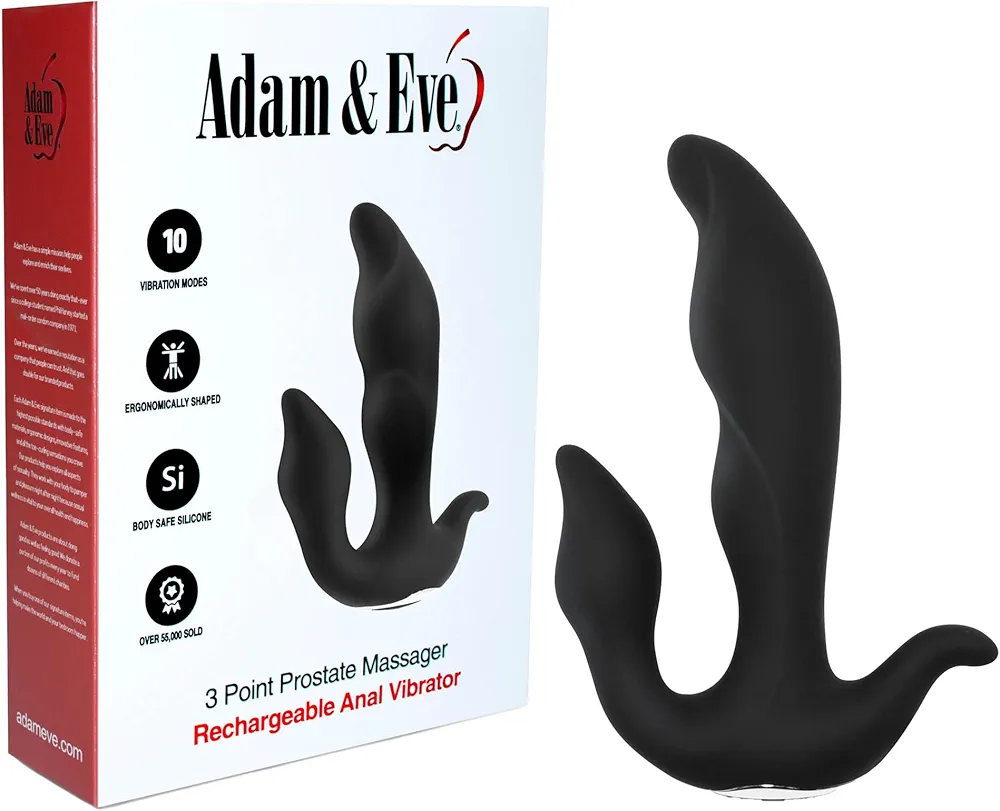 Adam & Eve 3 Point Prostate Massager, Black | Rechargeable and Flexible Silicone Prostate Vibrator with Multiple Vibration Modes | Center Shaft: 5.25 L x 1.5 W