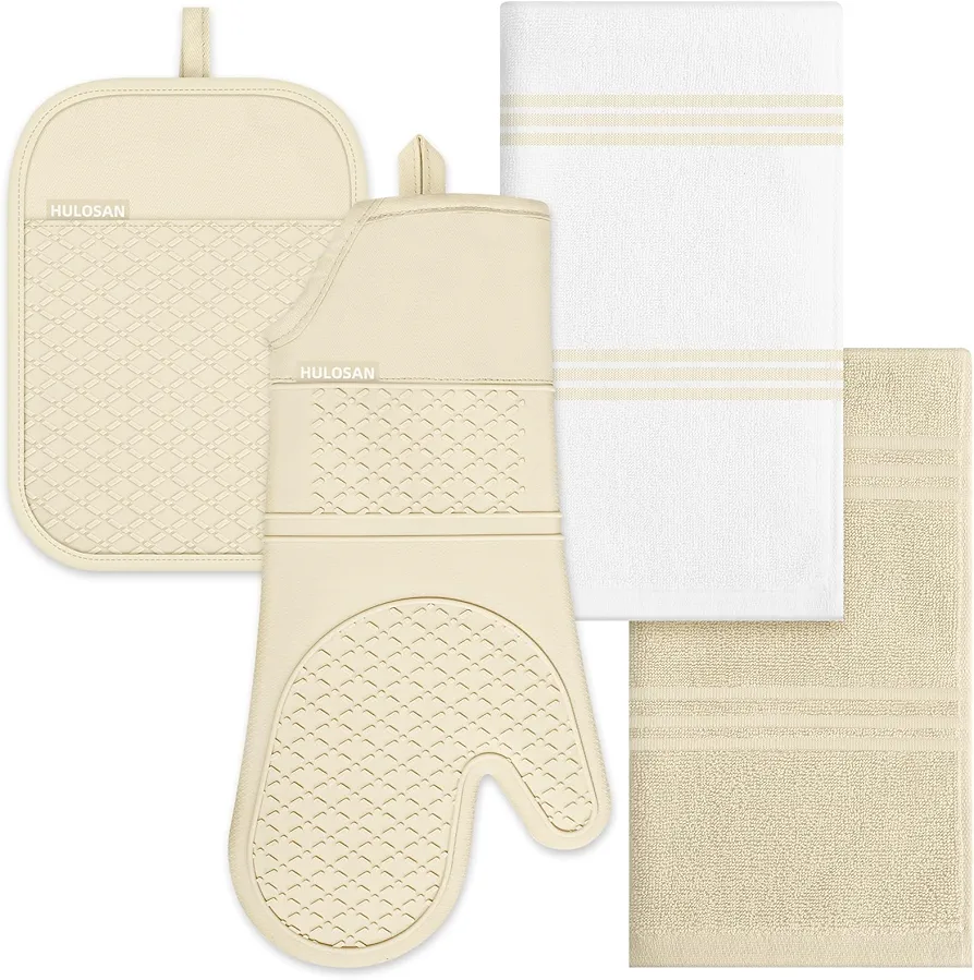 Oven Mitt and Pot Holders Sets, Quilted Cotton Terry Cloth,Non-Slip Pot Holder, Silicone Oven Mitt Heat Resistant, Oven Mittens 7.5"x15", Hot Pad 7.5"x10" & Dish Cloths 13.5"x24"