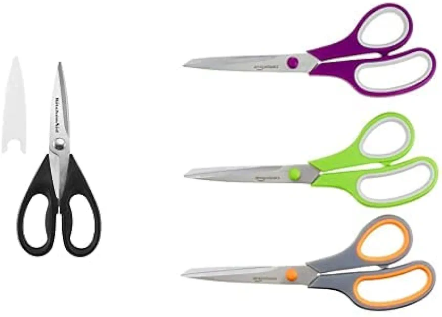 KitchenAid All Purpose Kitchen Shears with Protective Sheath for Everyday use, Dishwasher Safe Stainless Steel Scissors with Comfort Grip, 8.72-Inch, Black and Amazon Basics Multipurpose, Comfort Grip, PVD Coated, Stainless Steel Office Scissors, 3-Pack, Purple, Green & Gray