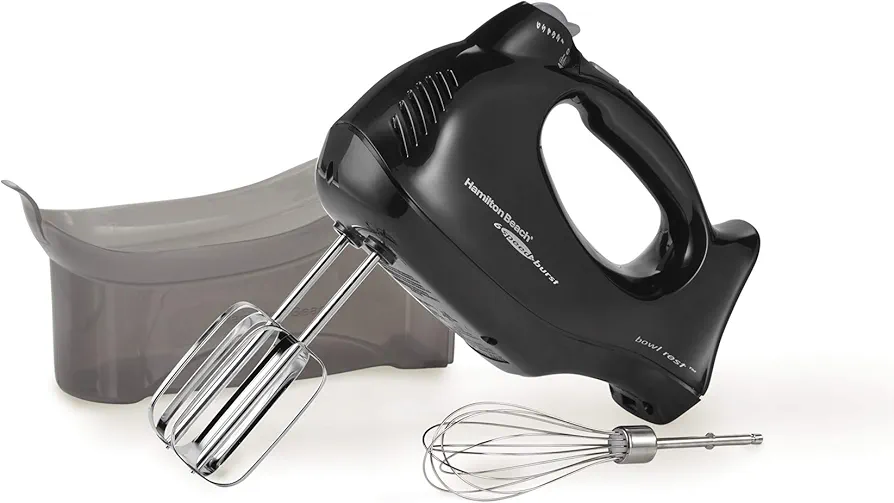 Hamilton Beach Power Deluxe 6-Speed Electric Hand Mixer with Snap-On Storage Case, QuickBurst, Beaters, Whisk, Powerful 250 Watt Motor, Bowl Rest, Black (62692)