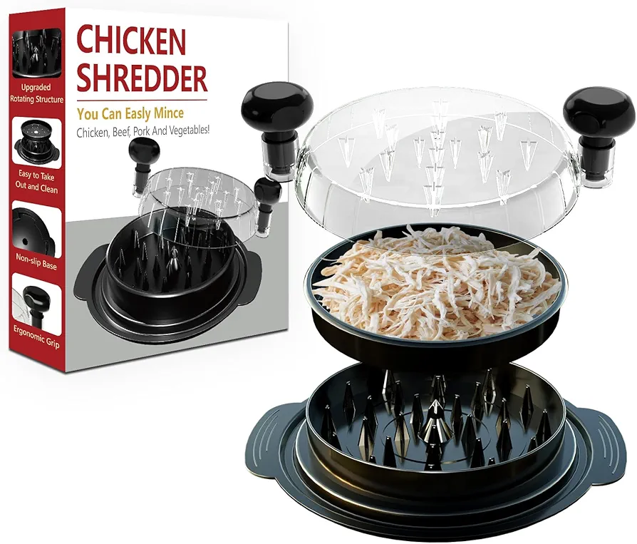 Chicken Shredder Tool Twist Large With Separate Plate, Widened Anti Slip Mat Fix, Visible Meat Shredder Machine, Ergonomic Handle, Dishwasher Safe, BPA Free, Black Chicken Shredder