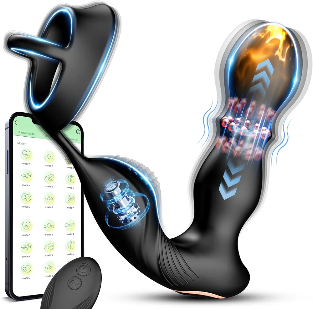 Mens Anal Toy Prostate Massager - Vibrating & Rolling Anal Plug Vibrator with Cock Ring, App Remote Control Anus Perineum Stimulor Prostate Vibrator Male Sex Toys, Adult Sex & Games for Men Couples